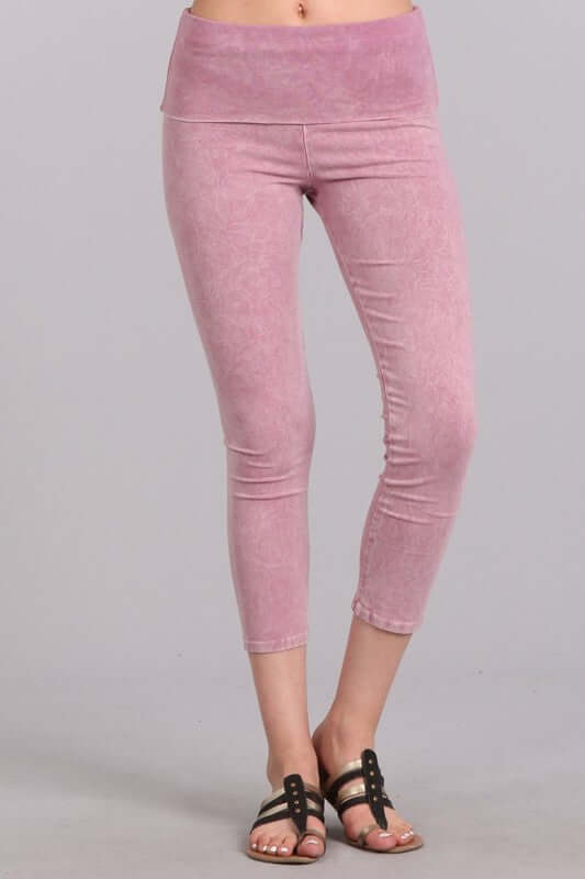 Rose Pink Chatoyant Mineral Washed Pull On Capri Leggings | Made in USA | Tummy control wide fold-over waistband | Classy Cozy Cool Women&