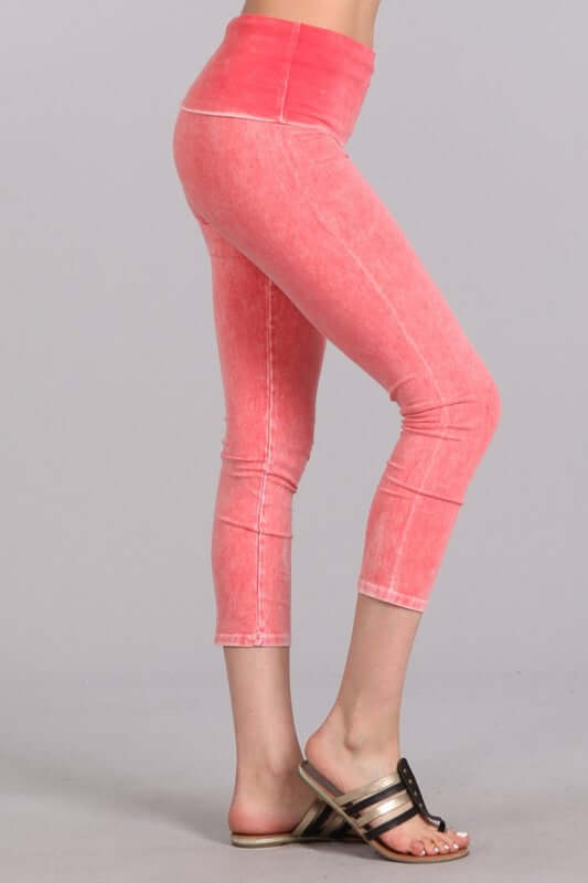 Chatoyant Mineral Washed Pull On Capri Leggings | Made in USA | Tummy control wide fold-over waistband | Classy Cozy Cool Women's American Boutique