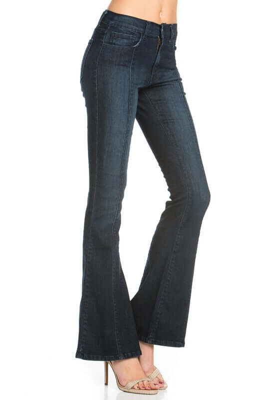 Denim Jeans Made in USA | Rumor Has It Front Seam Flared Denim Jeans Dark Wash | O2 Denim Style PF3023 | Made in the USA | Classy Cozy Cool Women’s Clothing Boutique