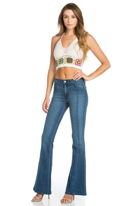 Made in USA Jeans | Rumor Has It Front Seam Flared Denim Jeans Medium Wash | O2 Denim Style PF3023 | Classy Cozy Cool Women’s Clothing Boutique