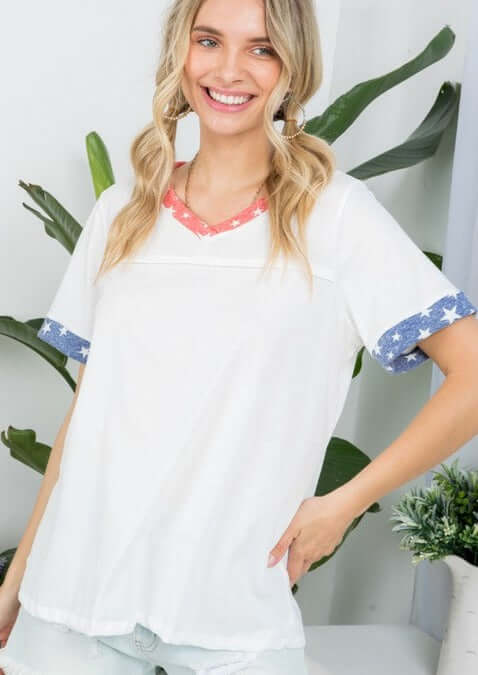 Made in USA Ladies Patriotic White V-Neck Stars Detail Essential Tee for 4th of July | Classy Cozy Cool Women&